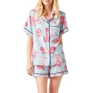 Katie Kime Blue Pink Dallas Texas Toile Pajama Top Size Large
